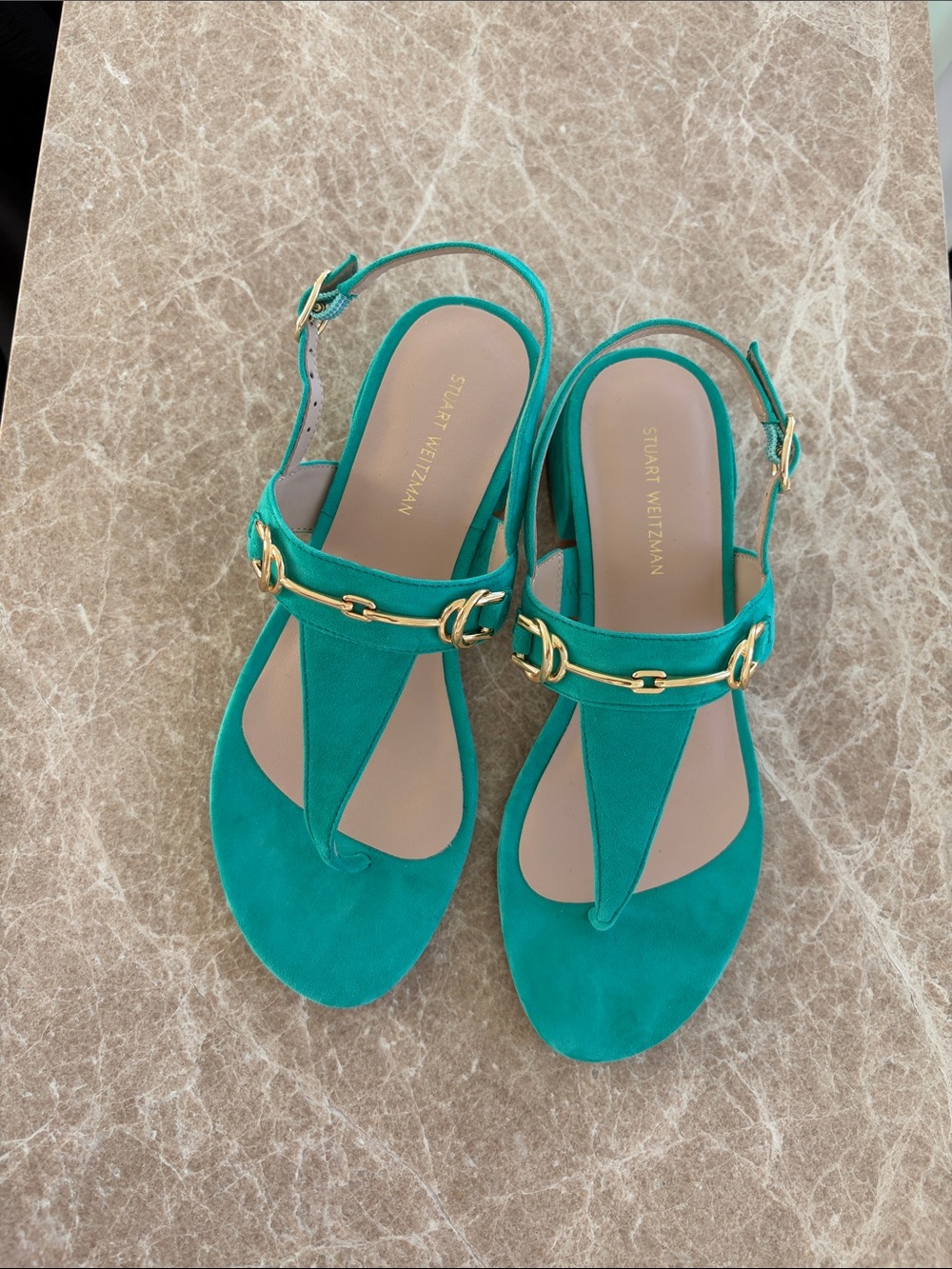New Stuart Weitzman Teal Suede T-Strap Sandals with Gold Chain Hardware